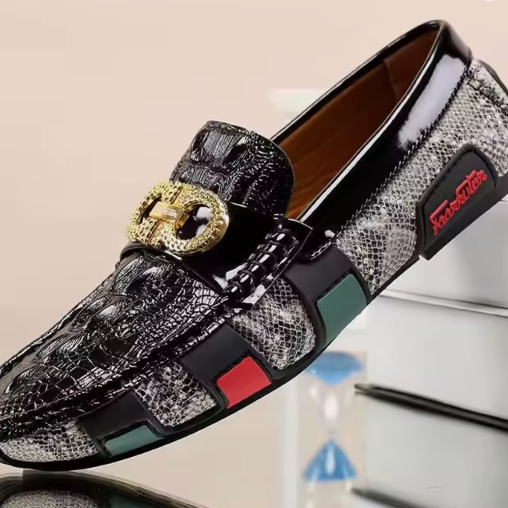 Luxury Black and Gray Loafers with Gold Accent